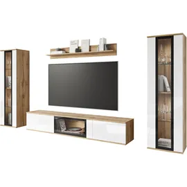 INOSIGN Wohnwand INOSIGN "Caro, stehend und hängend montierbar", braun (eichefarben votan, weiß hochglanz), B:262cm H:142cm T:33cm, Holzwerkstoff, Kastenmöbel-Sets, Wohnwand, grifflose Design, höhenverstellbare Einlegeböden