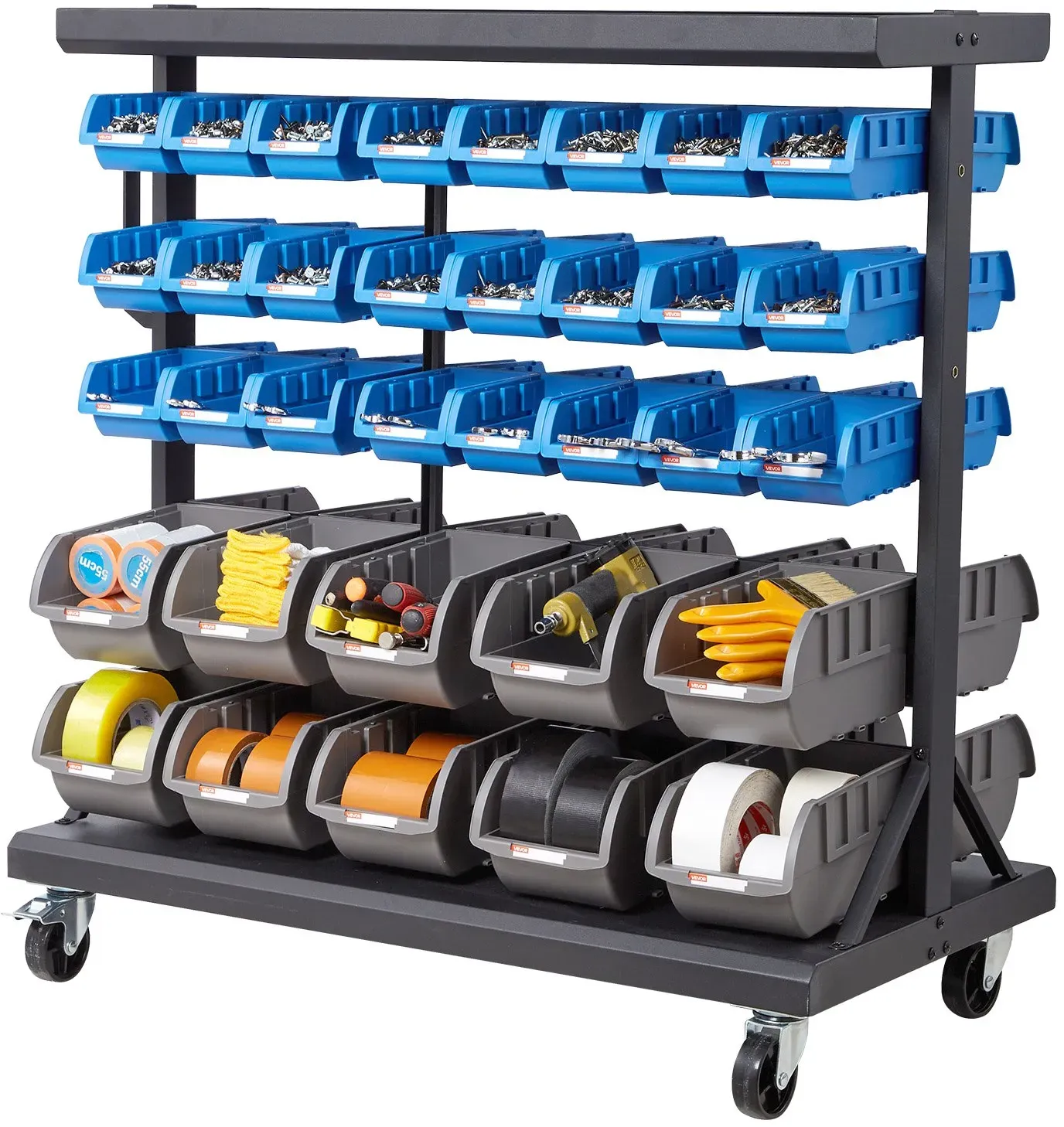VEVOR Fahrregal mit Stapelboxen Set, Mobiles Lagerregal mit 5 Ebenen & 68 Sortimentskästen für Kleinteile in zwei Größen, 900x500x950 mm, doppelseitig, für Werkstatt, Garage, Lager & Büro