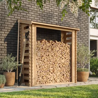 TIMBELA Kaminholzregal Holz B184 x L86 x H200 cm 1,75 m3 Beige