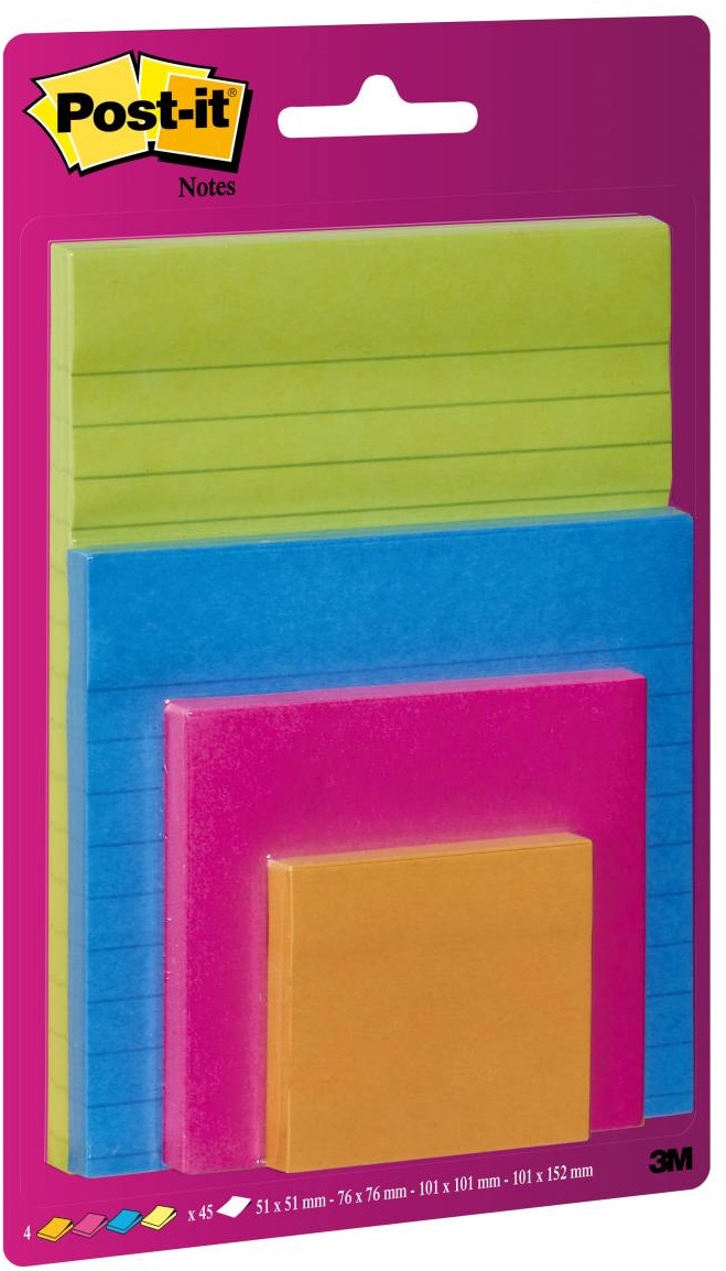 3M Post-it Super Sticky Notes 4622-OPBG, verschiedene Größen, verschiedene Farben, 4 Blöcke à 45 Blatt