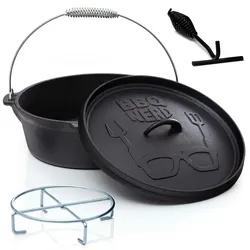BBQ-Nerd© Dutch Oven "Starter" 5,5L mit Ständer- bereits eingebrannt - Gusseisen Feuertopf, Bräter mit Deckel inkl. Deckelheber