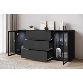 Home Affaire Sideboard HOME AFFAIRE "modernes Design mit Glaseinsätzen und 3 Schubladen, Breite 150 cm", schwarz (graphite schwarz matt), B:150cm H:70cm T:39,5cm, Sideboards, Sideboard, Grifflose Fronten mit Push-to-Open, höhenverstellbare Einlegeböden