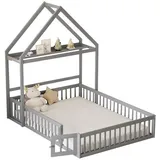 OKWISH Kinderbett Holzbett mit Stauraum, Vollschutzgitter und Türen und Lattenrost (mit Stauraum und Kiefernholzrahmen, Ideal für Spielplatz und Schlafbereich – Inklusive Lattenrost und Sicherheitstür, 140 x 200 cm), ohne Matratze grau