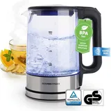 GOURMETmaxx Glas-Wasserkocher LED 1,7l 2200W Edelstahl/schwarz kabellos Wasserkocher kabelgebunden Schwarz/Edelstahl, Glas Fassu