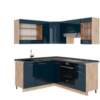 Vicco Winkelküche Fame-Line L-Form 160 x 190 cm Dunkelblau Hochglanz/Goldkraft Eiche