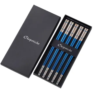 SBOMHS Chinesische Essstäbchen blau edelstahl 5 Paar Sushi Stäbchen für Japanisch Koreanisch Chopsticks Metall 23,4cm Länge rutschfest Essstäbchen spülmaschinenfest Geschenk für weihnachten/geburtstag