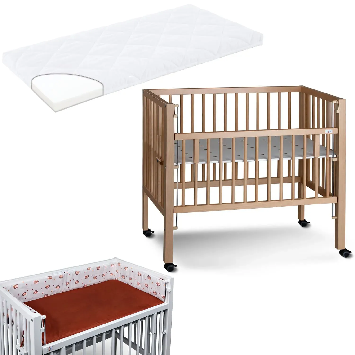Tissi Anstellbett / Beistellbett Sophie inkl. Matratze und Nestchen, Tissi: Wonderful World, Farbe: Buche Weiss