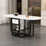 Flieks Esstisch Esszimmertisch Ausziehbar, Küchentisch mit Schublade und Ablagen, Stehtisch Oval, Tisch Esszimmer mit Metallbeinen, 160x80x78, Sch... - Weiß/Schwarz