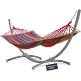 Potenza Outdoor Hängematte mit Gestell für 2 Personen I Stabhängematte XXL 220x160, 200kg I Verzinkter Hängemattengestell 220kg Wetterfest (Rot, Gestell Grau)