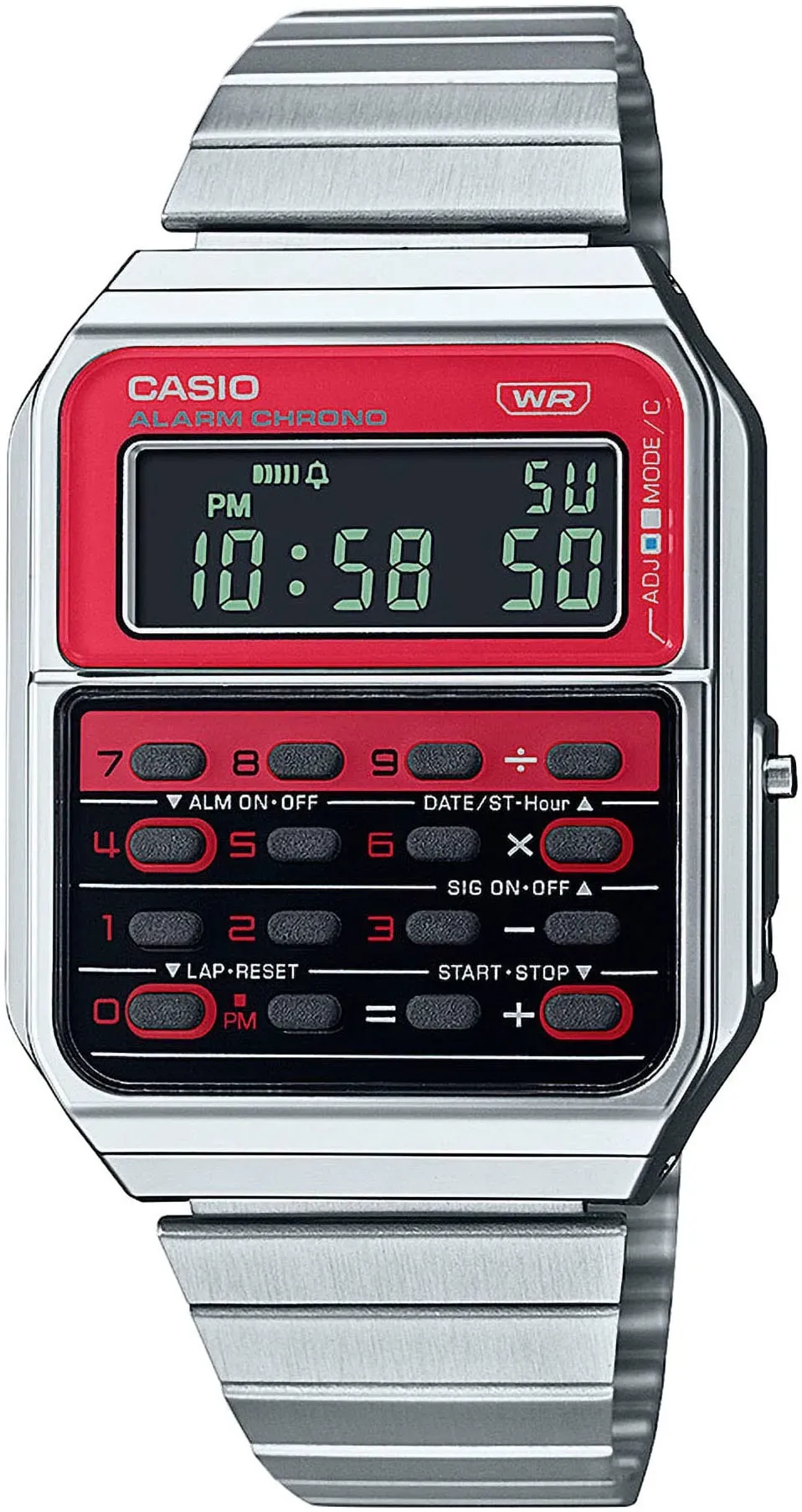 Chronograph CASIO VINTAGE Armbanduhren silberfarben (edelstahlfarben, rot, schwarz) Damen Quarzuhren Quarzuhr, Armbanduhr, Damen, Herren, retro, Taschenrechner, digital