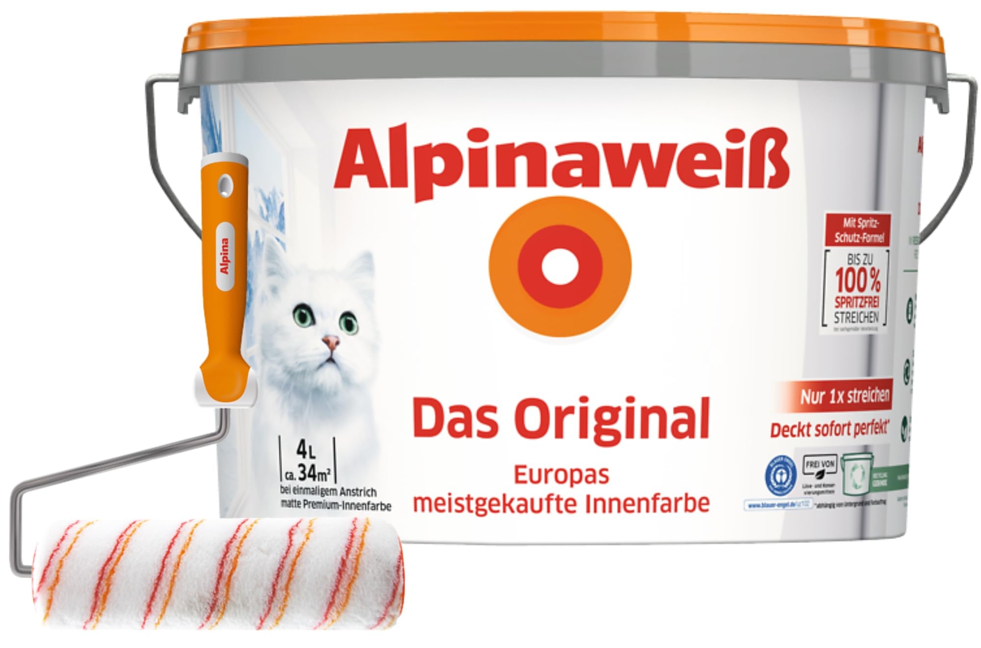 Alpinaweiß Das Original – optimal deckende und ergiebige weiße Wandfarbe – mit Spritz-Schutz-Formel – inkl. Spezialroller - 4 Liter