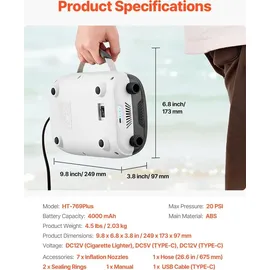 Vevor Paddleboard Pumpe (20 PSI) wiederaufladbarer Akku, zweistufige elektrische SUP-Luftpumpe mit automatischer Abschaltung & 12 V DC Autoanschuluss, Aufblasen & Entleeren