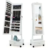 Costway Schmuckschrank Mit Led Beleuchtung, Spiegelschrank Mit Ganzkörperspiegel & Schubladen, Schmuck Organizer Mobil, Abschließbar (weiß)