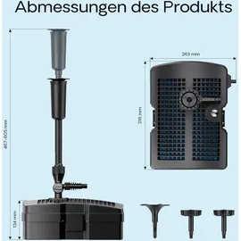 Wiltec SunSun CUF-5000 3in1 Filter mit 3 Fontänenaufsätzen 2000l/h 42W, 9W UVC-Klärer und 3 Filterstufen inkl. Filtermedien, Springbrunnen Teich Pumpe