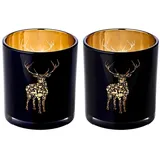 Edzard 2er Set Teelichtglas Fancy, Höhe 8 cm, Durchmesser 7,5 cm, außen schwarz, innen Gold, Teelichthalter, Windlicht mit Hirsch-Motiv