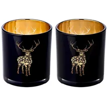 Edzard 2er Set Teelichtglas Fancy, Höhe 8 cm, Durchmesser 7,5 cm, außen schwarz, innen Gold, Teelichthalter, Windlicht mit Hirsch-Motiv