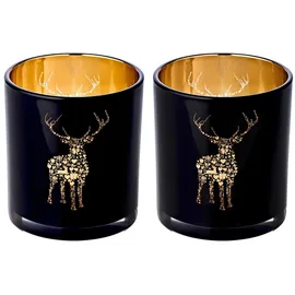 Edzard 2er Set Teelichtglas Fancy, Höhe 8 cm, Durchmesser 7,5 cm, außen schwarz, innen Gold, Teelichthalter, Windlicht mit Hirsch-Motiv