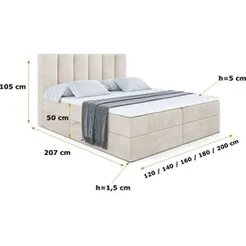 altdecor Boxspringbett mit Matratze und Topper, Polsterbett mit Bettkasten, Bett mit Stauraum H3-Matratze, Doppelbett, Springboxbett - BOXI1-140x200 - Beige Samt