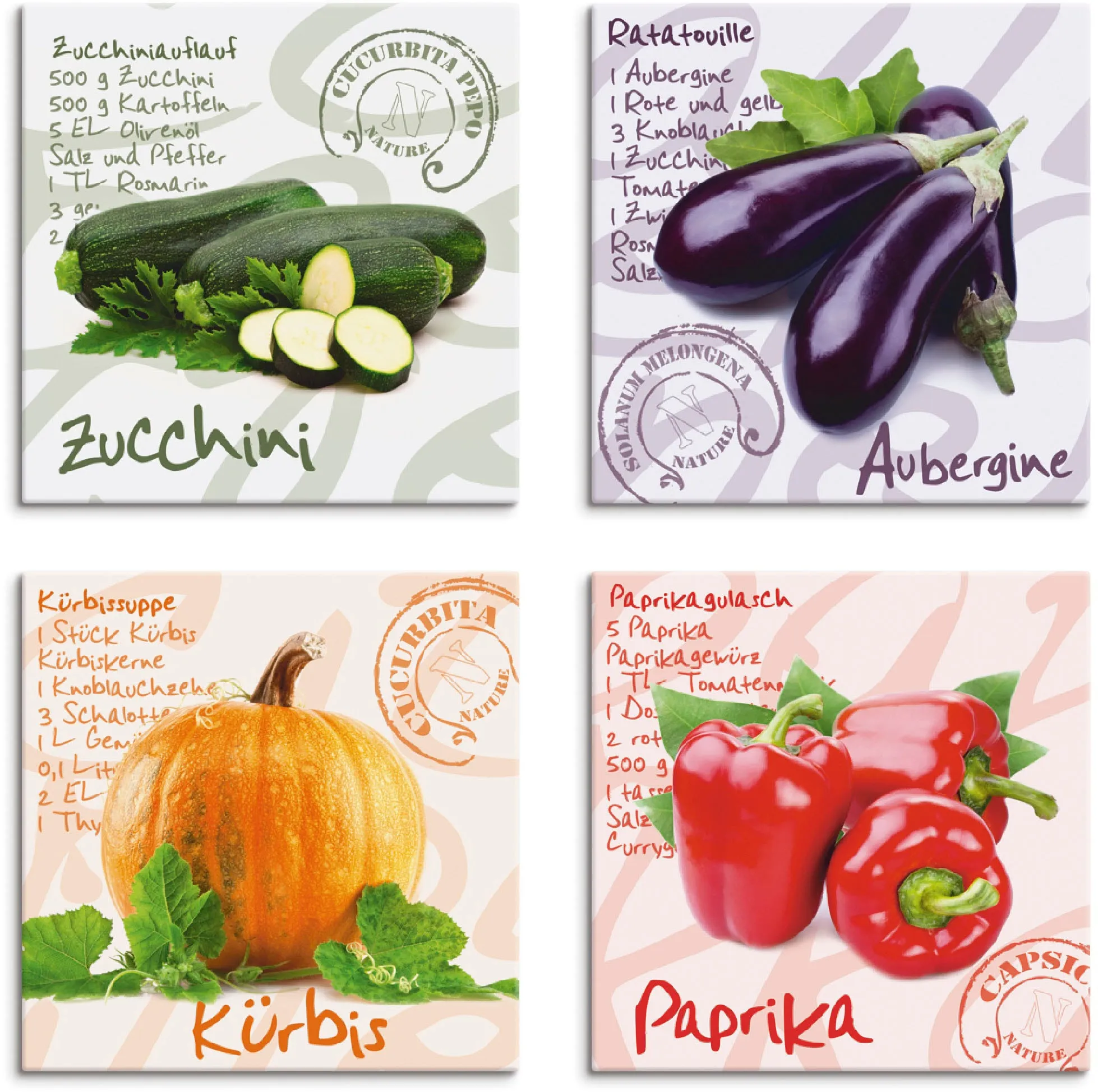 Artland Leinwandbild »Zucchini, Aubergine, Kürbis, Paprika«, Lebensmittel, (4 St.), 4er Set, verschiedene Größen Artland bunt