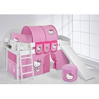 Lilokids Hochbett Spielbett IDA Hello Kitty Teilbares Hochbett mit Rutsche und Vorhang umbaubar in Einzelbett, Hochbett und L-Etagenbett