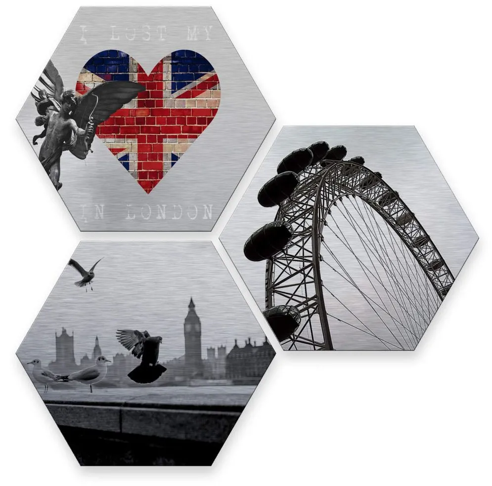 Wall-Art Mehrteilige Bilder »Silber London Stadt Collage«, (Set, 3 St.), Metallschild Collage Wall-Art Silber