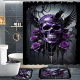 CHEFFS Totenkopf Duschvorhang 180 x 200 180 x 180 Totenkopf Rose Skull Gothic Duschvorhänge Polyeste Skull Halloween Skelett Duschvorhang Badezimmermatte 4-teiliges Set (200 x 240 cm(BxH),2)