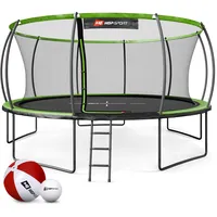 Hop-Sport Trampolin Outdoor Ø 305/366/427/488 cm - Trampolin mit innovativen, gebogenen Netzstangen, Sicherheitszertifikaten und Sicherheitsnetz (Grün/Schwarz, 488 cm)