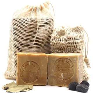 PAOS Original Aleppo Seifen Set, 2 x ca. 180g, 60% Olivenöl 40% Lorbeeröl + Sisal Seifensäckchen und gratis Reisebeutel, Handmade, Vegan, Naturprodukt, Haarseife, Duschseife, Original Rezeptur