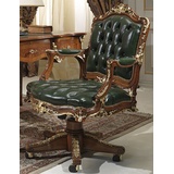 Casa Padrino Luxus Barock Bürostuhl Grün / Braun / Gold 75 x 77 x H. 112 cm - Prunkvoller handgefertigter Massivholz Schreibtischstuhl mit Echtleder - Barock Büromöbel - Luxus Qualität