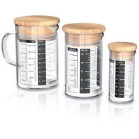 Arendo Messbecher 50ml, 125 ml & 250 ml Glas Messkrug Set mit Bambusdeckel, luftdicht, Glas, (Set), Küchenbehälter, Silikondichtung, für Mehl Zucker Gewürze Süßigkeiten weiß