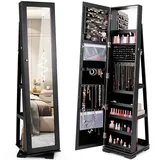 COSTWAY Schmuckschrank, Spiegelschrank mit Ganzkörperspiegel & eingebauter Make-up-Spiegel, 360° drehbar, abschließbar, Schmuck-Organizer Schwarz - Schwarz