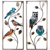 Harms Import Wandbild Wanddeko Außenbereich 2er Set Vögel Eulen Bunt Metall H 69,5 cm