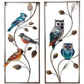 Harms Import Wandbild Wanddeko Außenbereich 2er Set Vögel Eulen Bunt Metall H 69,5 cm