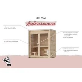 Karibu Gartensauna Saunahaus Hycore 2 - 38 mm naturbelassen Klarglas Ganzglastür Ohne Ofen