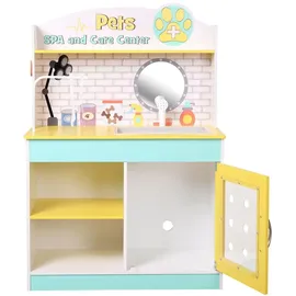 Teamson Kids Little Helper Holzhaustierspielständer Pretend Vet Clinic Spielzeugset für Katzen- und Hundespielzeug mit 19 Rollenspielzubehör Grün/Gelb TD-13636A