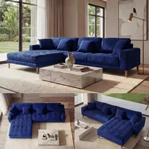 Mendler Ecksofa HWC-J54, Couch Sofa 3-Sitzer L-Form Liegefläche links/rechts 295cm Samt blau