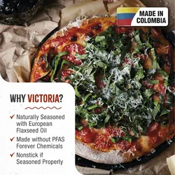 Victoria Grillplatte Gusseisen für Pizza, Pfanne 25cm mit Griffen, Induktion, Feuer, Ofen, VIC-31800, Schwarz