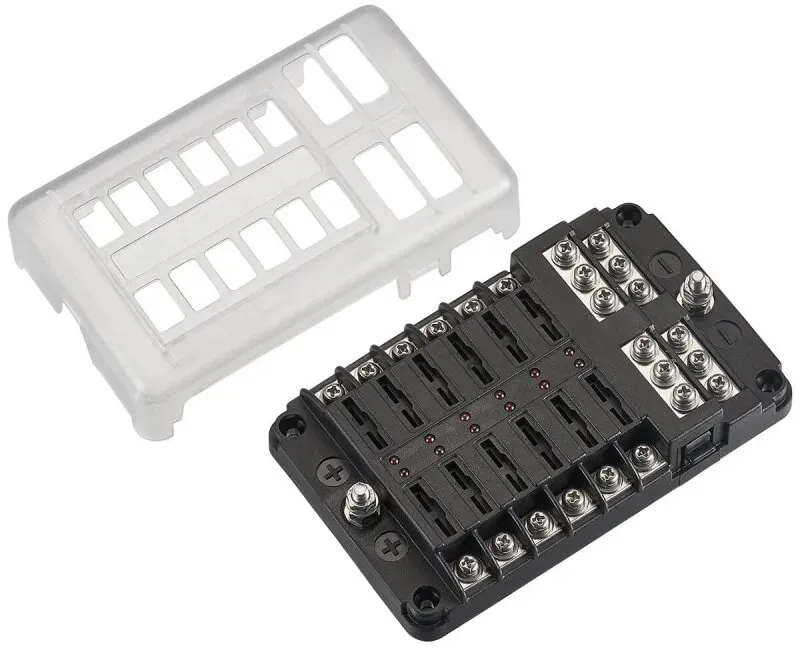 KFZ-Flachsicherungshalter mit LED Indikator und Negativanschluss für 12 Sicherungen 30A/32V DC (Schraubanschluss)