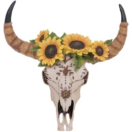 MCW Deko Schädel MCW-Q10, Polyresin Stier Bulle Longhorn Kopf Trophäe mit Verzierung Sonnenblume, In-/Outdoor 42cm