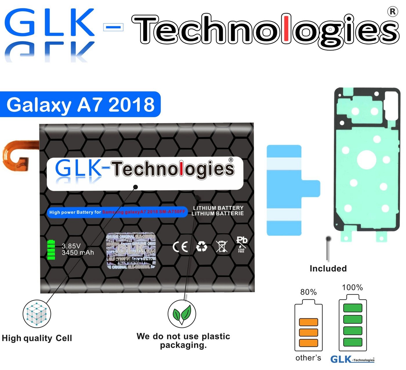 GLK-Technologies High Power Ersatzakku kompatibel mit Samsung Galaxy A7 (2018) A750 EB-BA750ABU, Original GLK-Technologies Battery, accu, 3450 mAh Akku, inkl. 2X Klebebandsätze NUE Smartphone-Akku 3450 mAh (3.8 V)