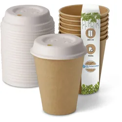BIOZOYG 1000 Stück Kaffeebecher mit passenden Pappdeckeln 250ml / 10oz Einwegbecher Pappbecher Kaffeetassen ungebleicht kompostierbar nachhaltig