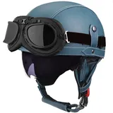 Vintage Deutsch Leder Motorrad Halbhelm, ECE-geprüft Männer Frauen Halbschalenhelme mit Schutzbrille und Visier, Retro Offener Schutzhelm für Fahrrad Cruiser Scooter Chopper