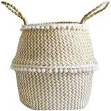 Gitter Wäschekorb Faltbar - Elegant Handgewebt Stroh Seegras Blumenkorb mit Pompon & Griff für Pflanze Blumentopf Spielzeug Wäsche Lagerung Veranstalter Strandtasche - Khaki & Weiß Aufbewahrungskorb