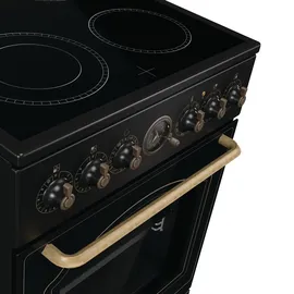 Gorenje Elektrostandherd mit Glaskeramik-Kochfeld/Retro Design / 50cm / 70 Liter/Gentle Close/Schnellaufheizung/AirFry/ExtraSteam/Pizzamodus/AquaClean/schwarz