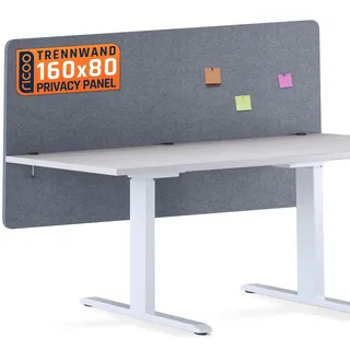 Ricoo ZAP1680-G Akustik Trennwand Schreibtisch 160 x 80cm Sichtschutz Schreibtisch Trennwand Filz Pinnwand Grau Geräuschdämmung Akustik Diffusor Schallschutz Büro Tischtrennwand mit Tischklemme