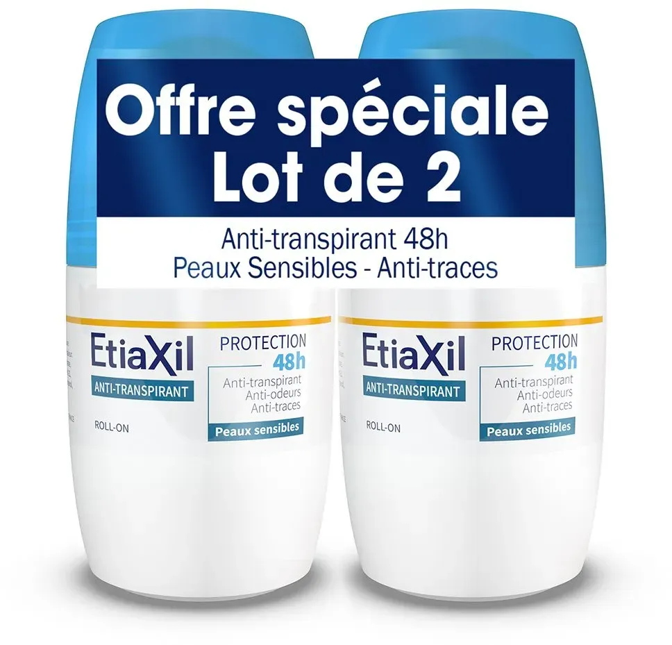 ETIAXIL - Déodorant Anti-transpirant - Traitement Transpiration Modérée - Aisselles - Protection 48h - Roll on - Fabriqué en France - Lot de 2 100 ml Rouleau