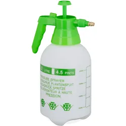 Relaxdays Drucksprüher 2 Liter, einstellbare Messingdüse, für Wasser & Unkrautvernichter, Sprühflasche Garten, weiß/grün