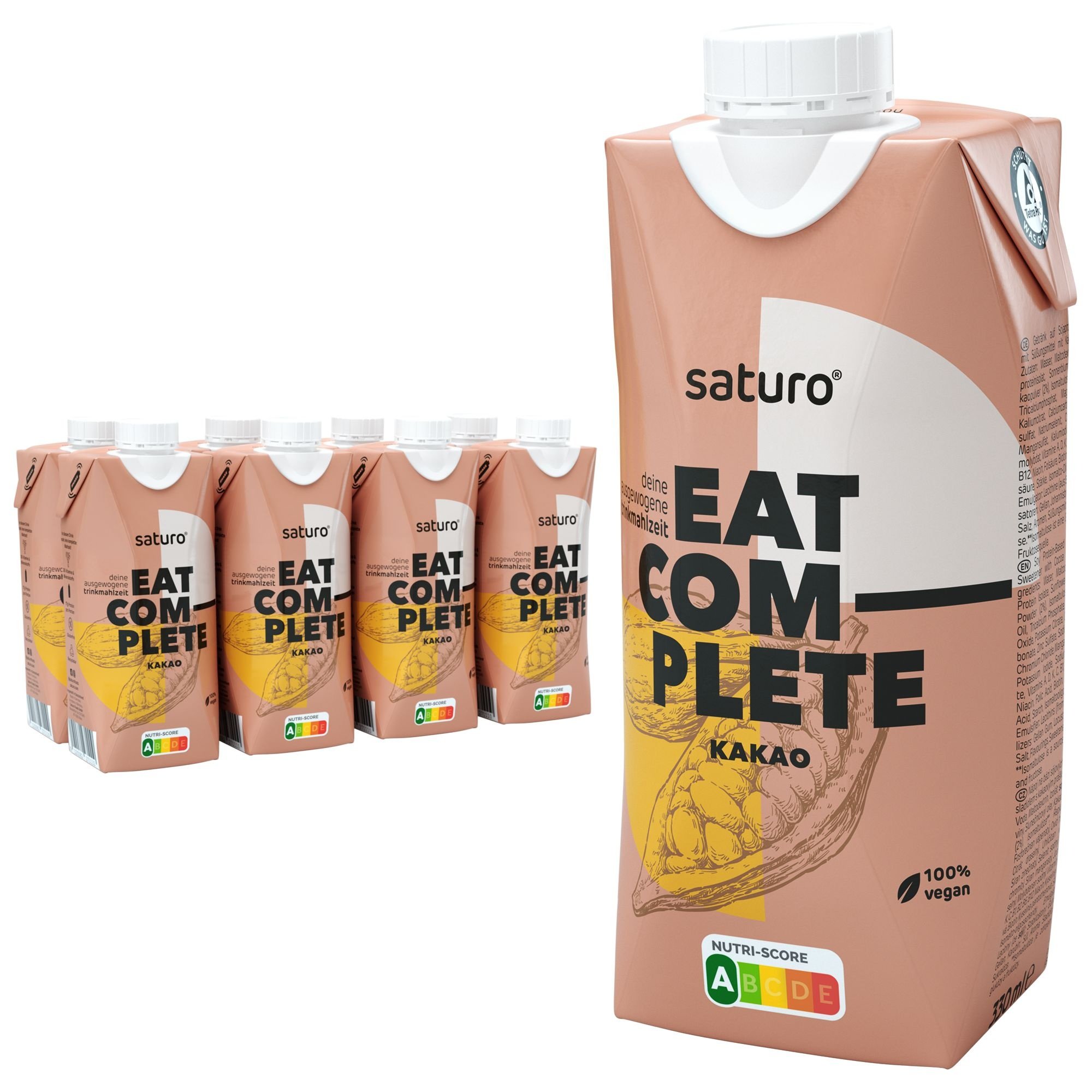 Saturo Trinknahrung Vegan Kakao | Astronautennahrung Mit Protein Trinkmahlzeit Nährstoffen 8x330 ml