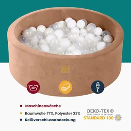 MeowBaby Bällebad Baby - Rund 90x30cm Ballgruben für Kinder mit 200 Bälle, Samt, Ecru: Transparent/Pastellrosa/Perlweiß/Grau