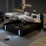 CDGlobal Polsterbett 160x200cm Stauraumbett mit LED und USB, Doppelbett Boxspringbett mit Lattenrost und Stauraum, Funktionsbett Jugendbett, PU, Sc... - Schwarz